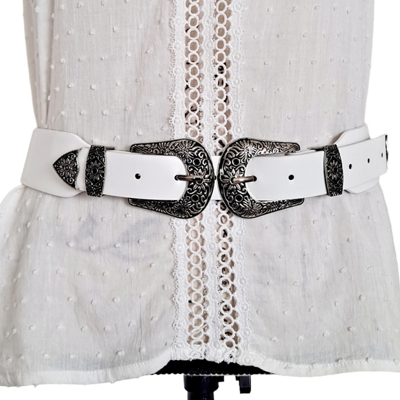 Boutique Accessories - Western Coastal cowgirl Silver double buckle white stretch faux leather belt